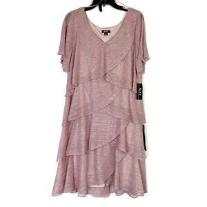 SLNY Dusty Pink Shimmer Tiered Flutter Sleeve Knee Length Dress Women’s NWT
